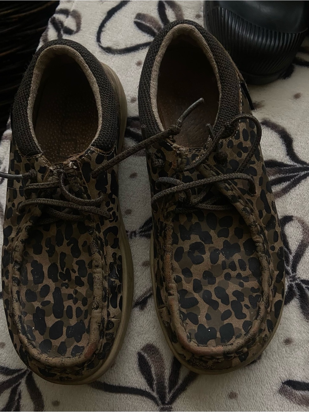 Hey Dude Kids Leopard Print Moccasins in Brown and Black